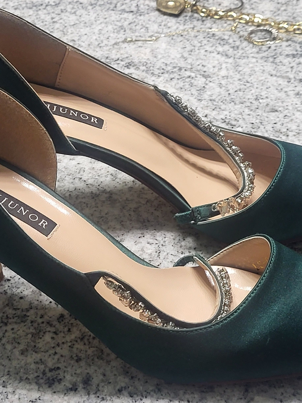 Emerald Green Satin Heels with Crystal Accent